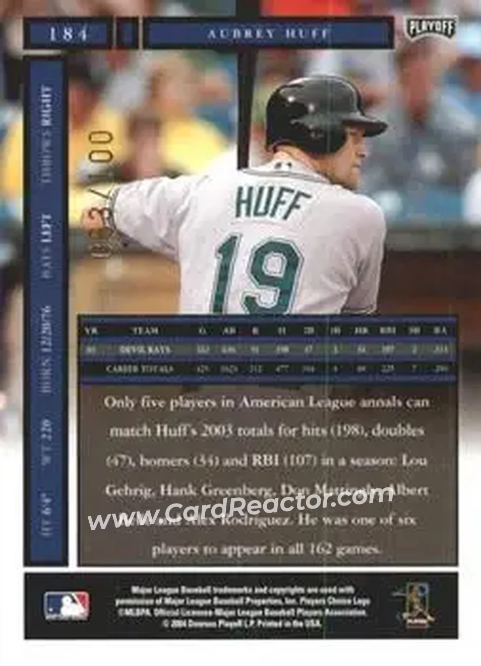 2004 Playoff Honors - Credits Bronze #184 - Aubrey Huff - Tampa Bay Devil Rays - Back