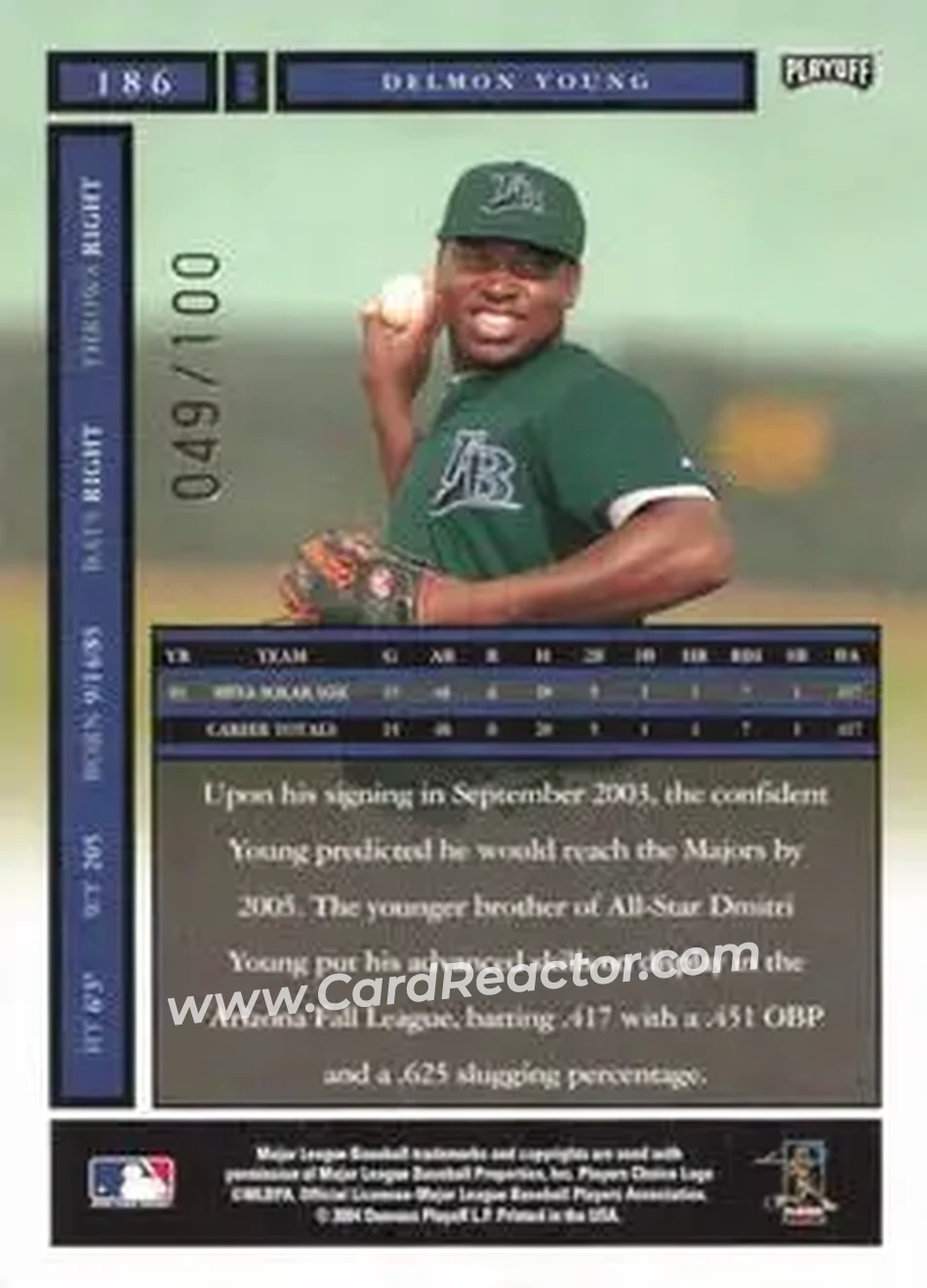 2004 Playoff Honors - Credits Bronze #186 - Delmon Young - Tampa Bay Devil Rays - Back