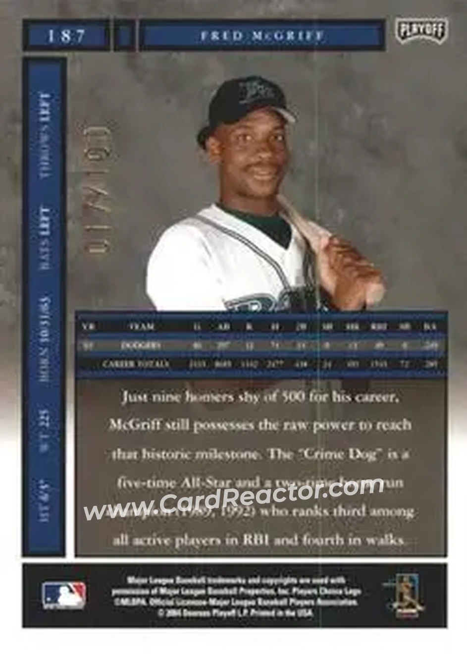 2004 Playoff Honors - Credits Bronze #187 - Fred McGriff - Tampa Bay Devil Rays - Back