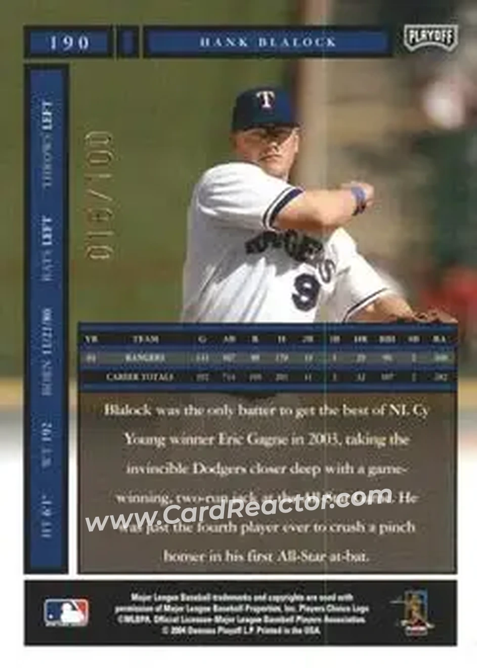 2004 Playoff Honors - Credits Bronze #190 - Hank Blalock - Texas Rangers - Back