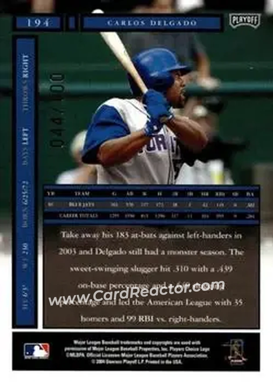 2004 Playoff Honors - Credits Bronze #194 - Carlos Delgado - Toronto Blue Jays - Back