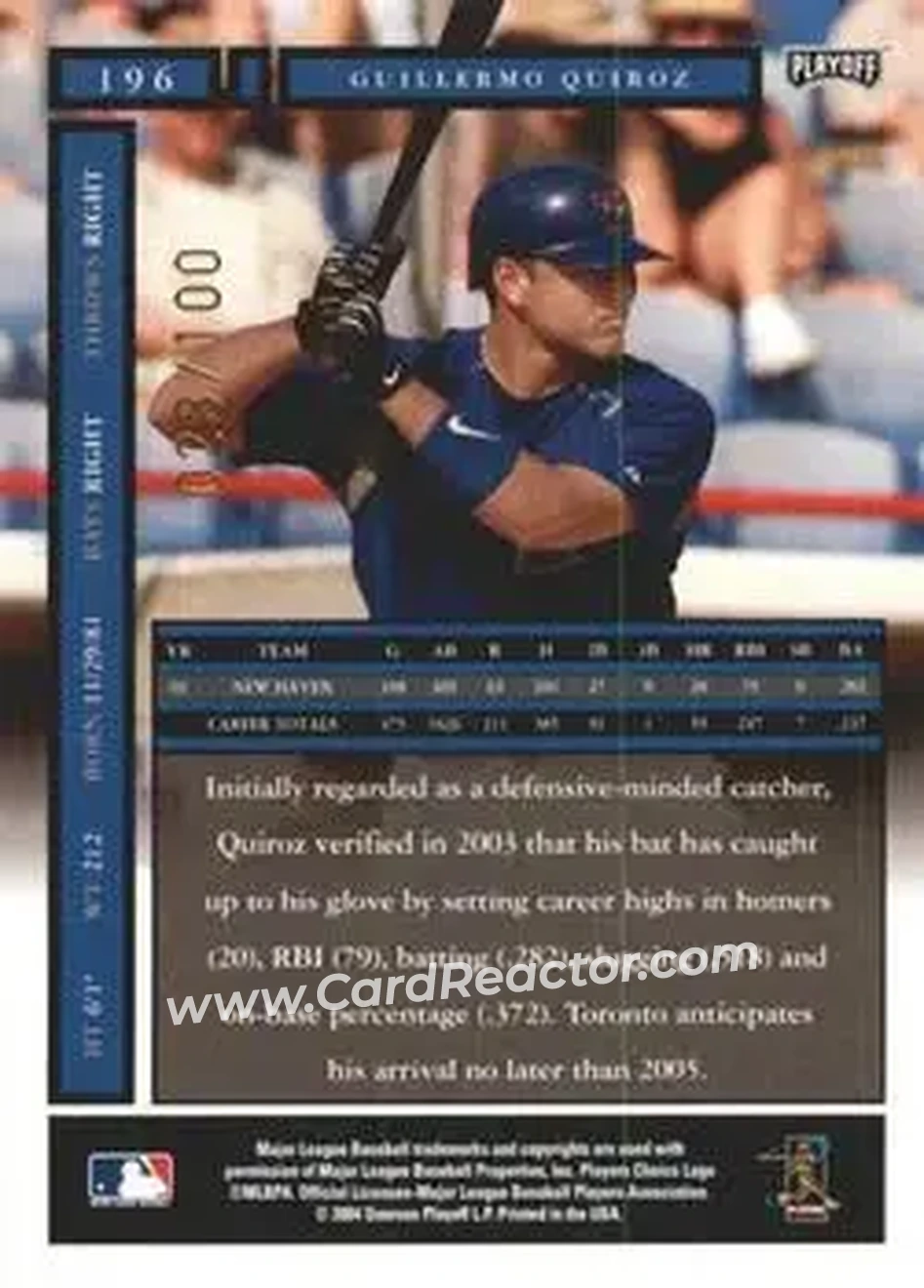 2004 Playoff Honors - Credits Bronze #196 - Guillermo Quiroz - Toronto Blue Jays - Back