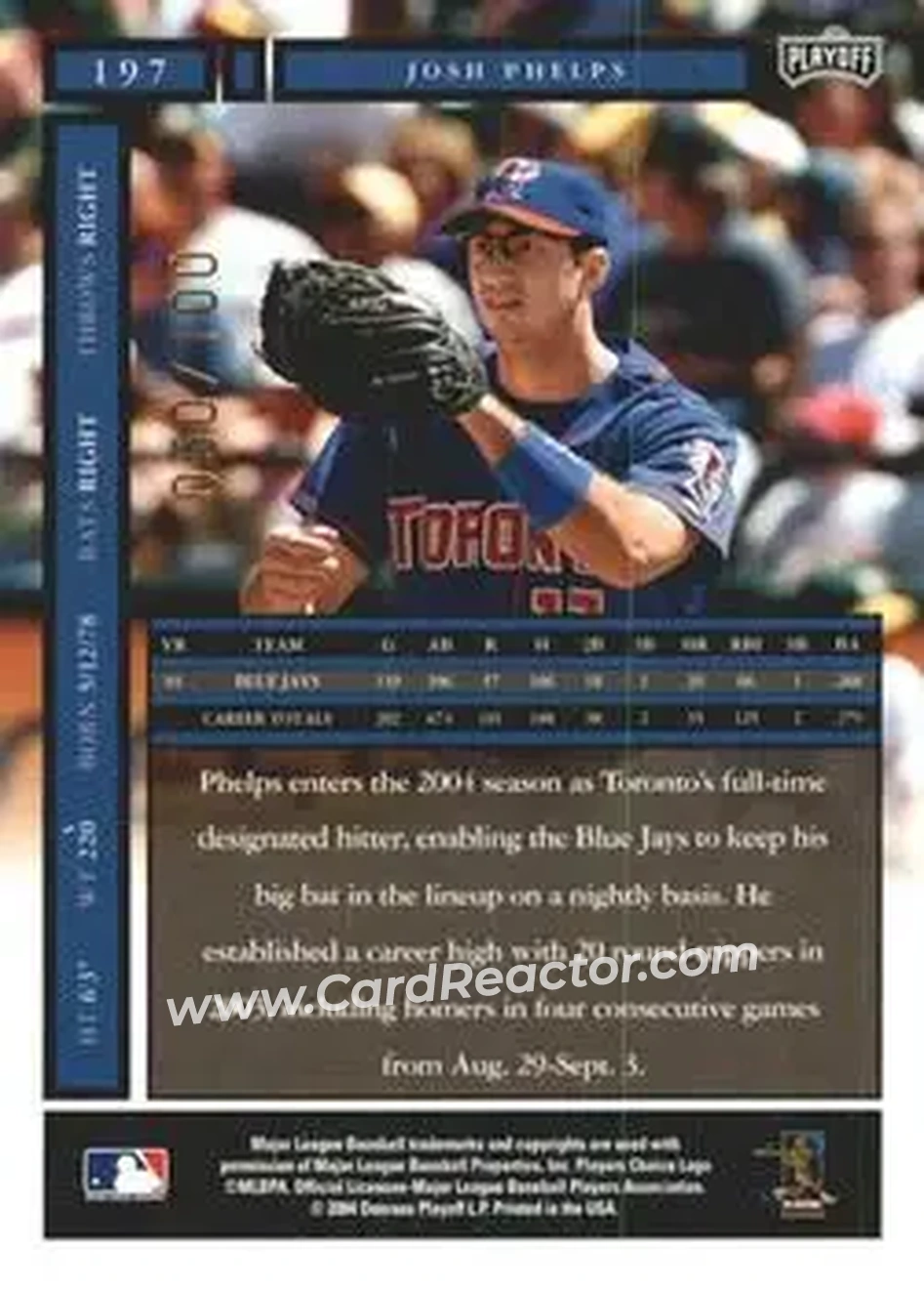 2004 Playoff Honors - Credits Bronze #197 - Josh Phelps - Toronto Blue Jays - Back