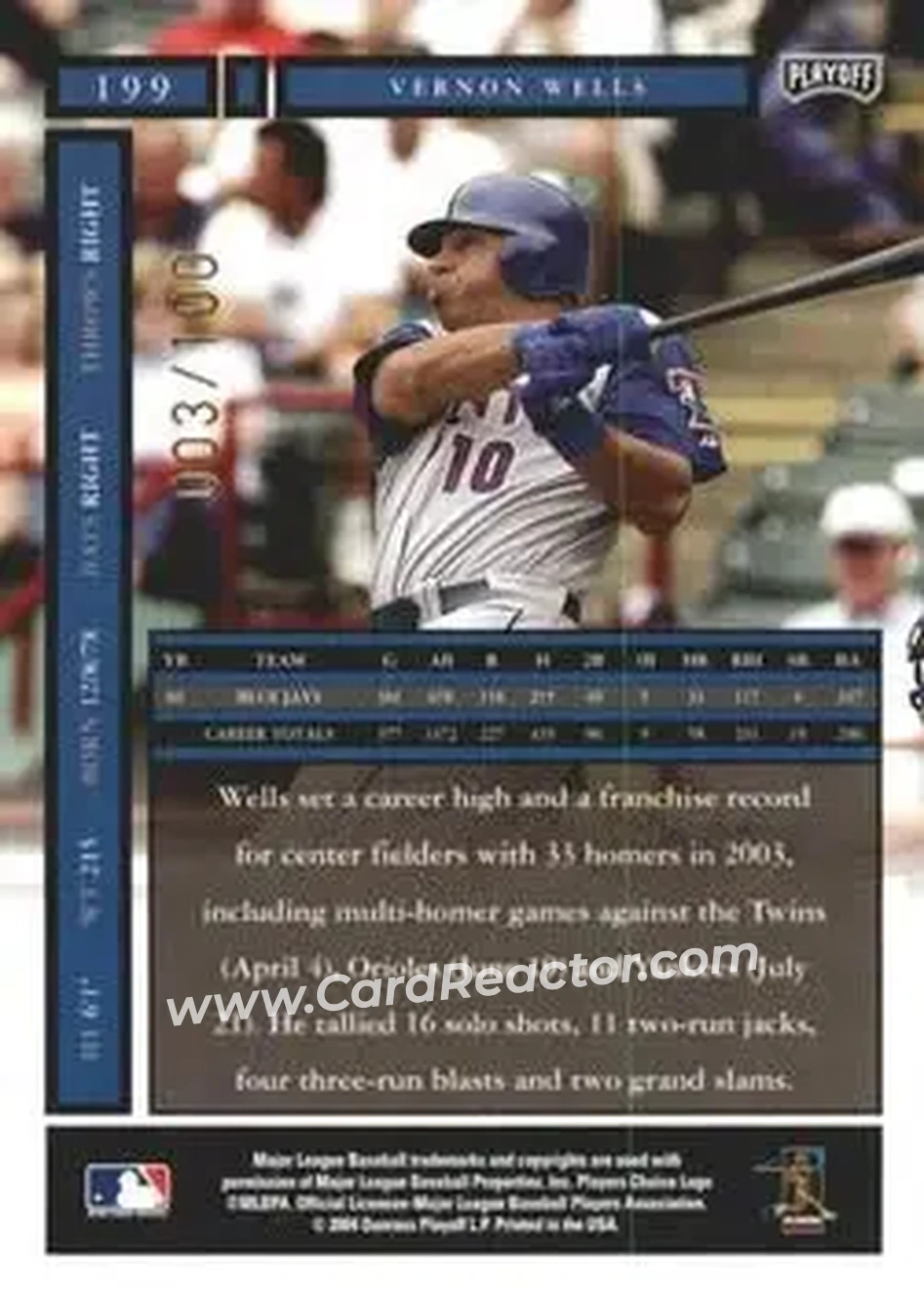 2004 Playoff Honors - Credits Bronze #199 - Vernon Wells - Toronto Blue Jays - Back