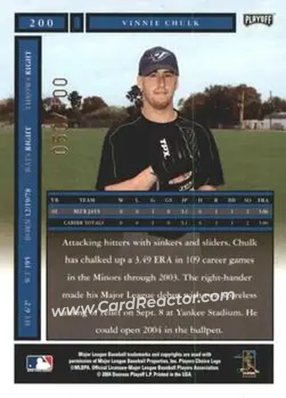 2004 Playoff Honors - Credits Bronze #200 - Vinnie Chulk - Toronto Blue Jays - Back 2004 Playoff Honors - Credits Bronze #200 - Vinnie Chulk - Toronto Blue Jays - Back
