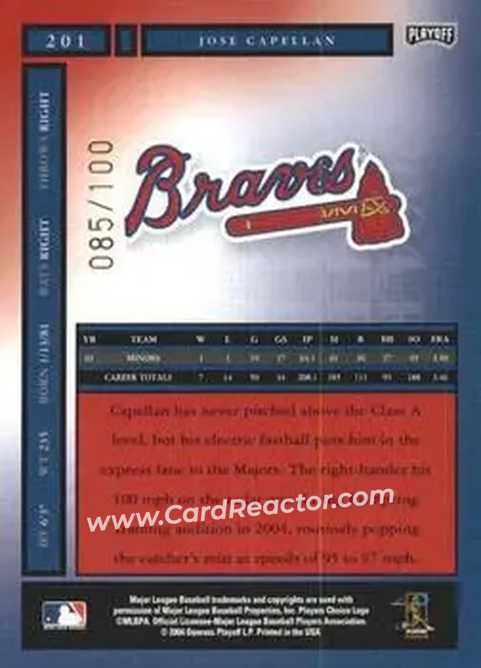 2004 Playoff Honors - Credits Bronze #201 - Jose Capellan - Atlanta Braves - Back