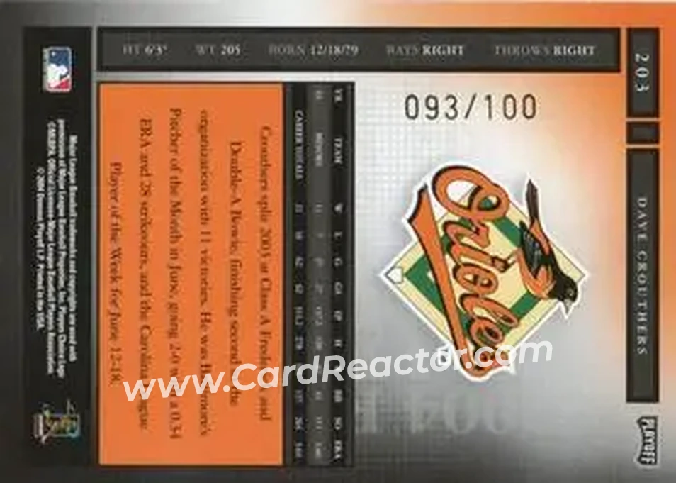 2004 Playoff Honors - Credits Bronze #203 - Dave Crouthers - Baltimore Orioles - Back