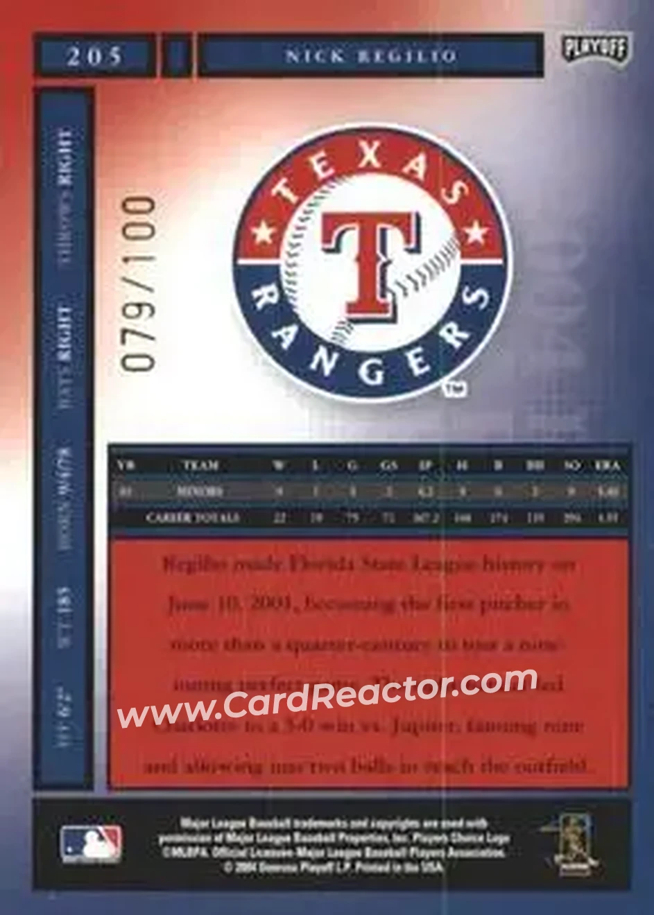 2004 Playoff Honors - Credits Bronze #205 - Nick Regilio - Texas Rangers - Back