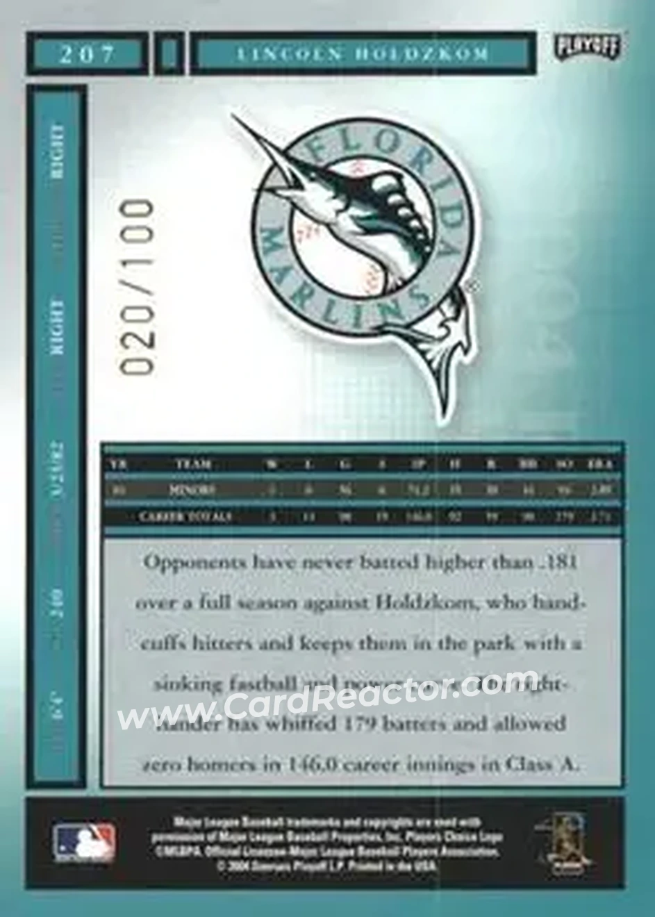 2004 Playoff Honors - Credits Bronze #207 - Lincoln Holdzkom - Florida Marlins - Back 2004 Playoff Honors - Credits Bronze #207 - Lincoln Holdzkom - Florida Marlins - Back