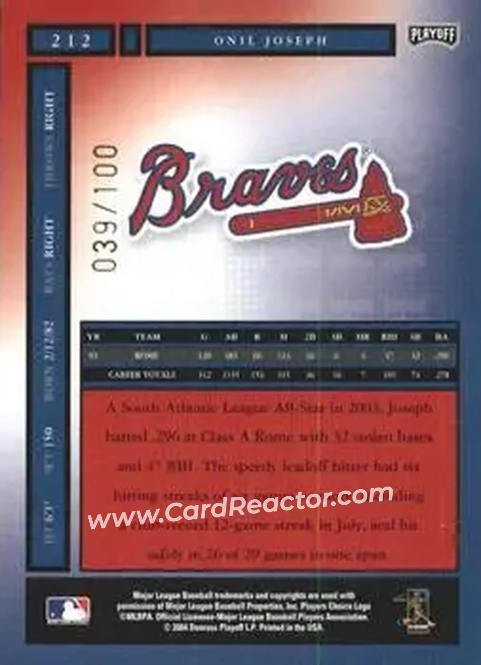 2004 Playoff Honors - Credits Bronze #212 - Onil Joseph - Atlanta Braves - Back