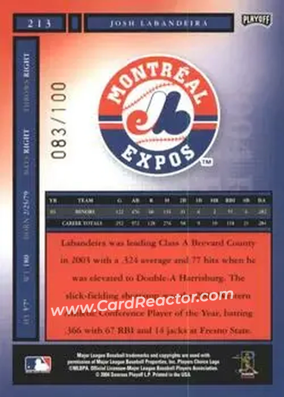 2004 Playoff Honors - Credits Bronze #213 - Josh Labandeira - Montreal Expos - Back