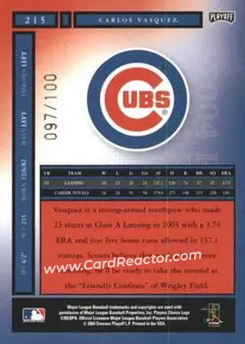 2004 Playoff Honors - Credits Bronze #215 - Carlos Vasquez - Chicago Cubs - Back