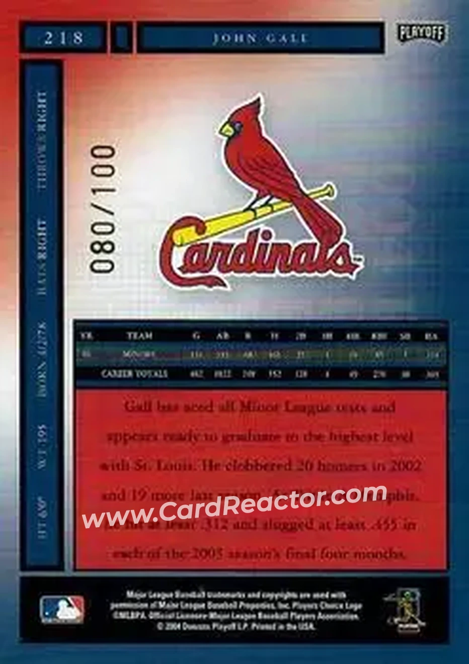 2004 Playoff Honors - Credits Bronze #218 - John Gall - St. Louis Cardinals - Back