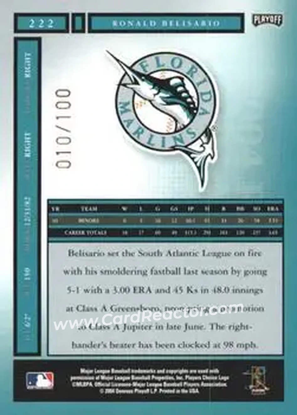 2004 Playoff Honors - Credits Bronze #222 - Ronald Belisario - Florida Marlins - Back