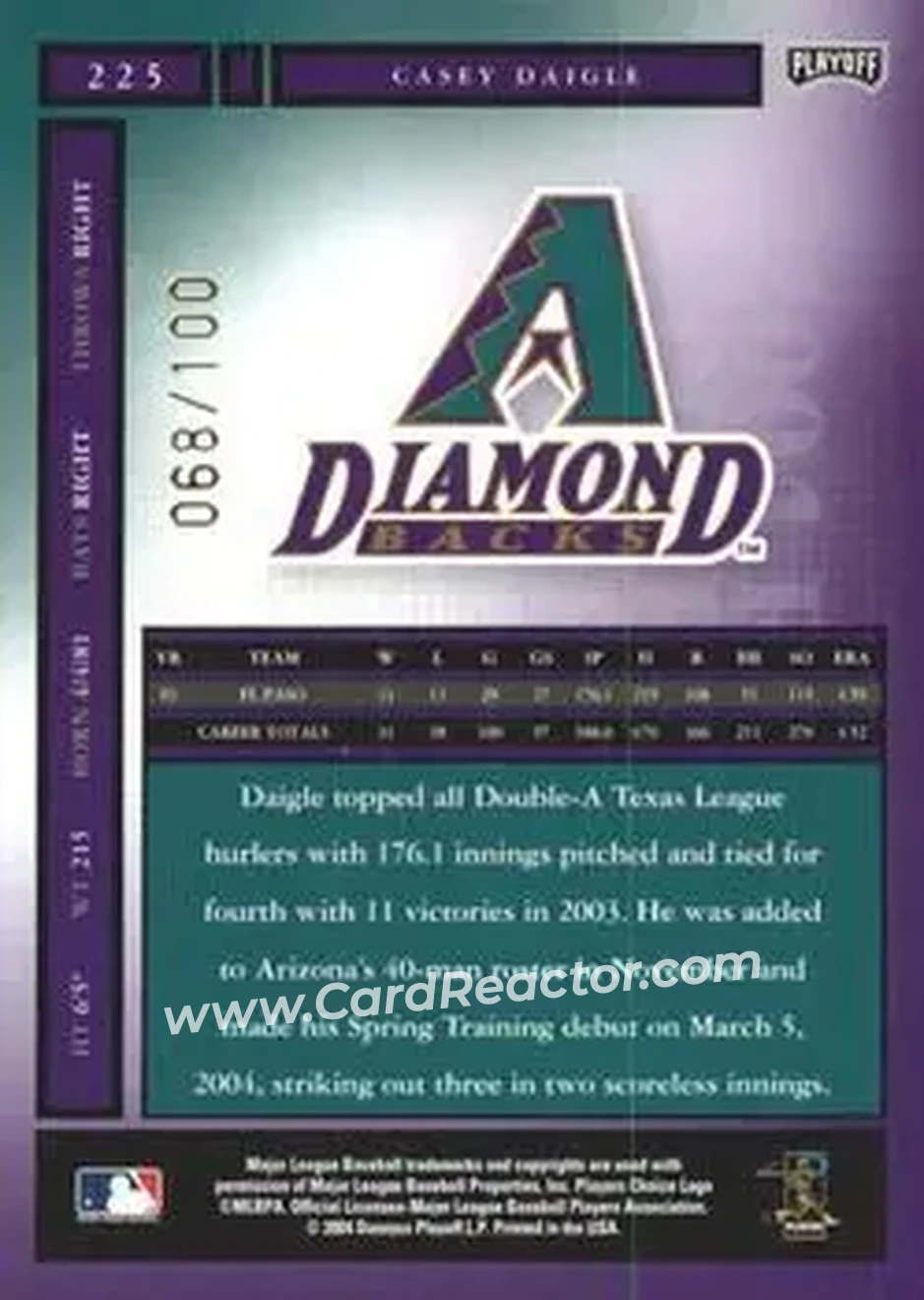 2004 Playoff Honors - Credits Bronze #225 - Casey Daigle - Arizona Diamondbacks - Back 2004 Playoff Honors - Credits Bronze #225 - Casey Daigle - Arizona Diamondbacks - Back