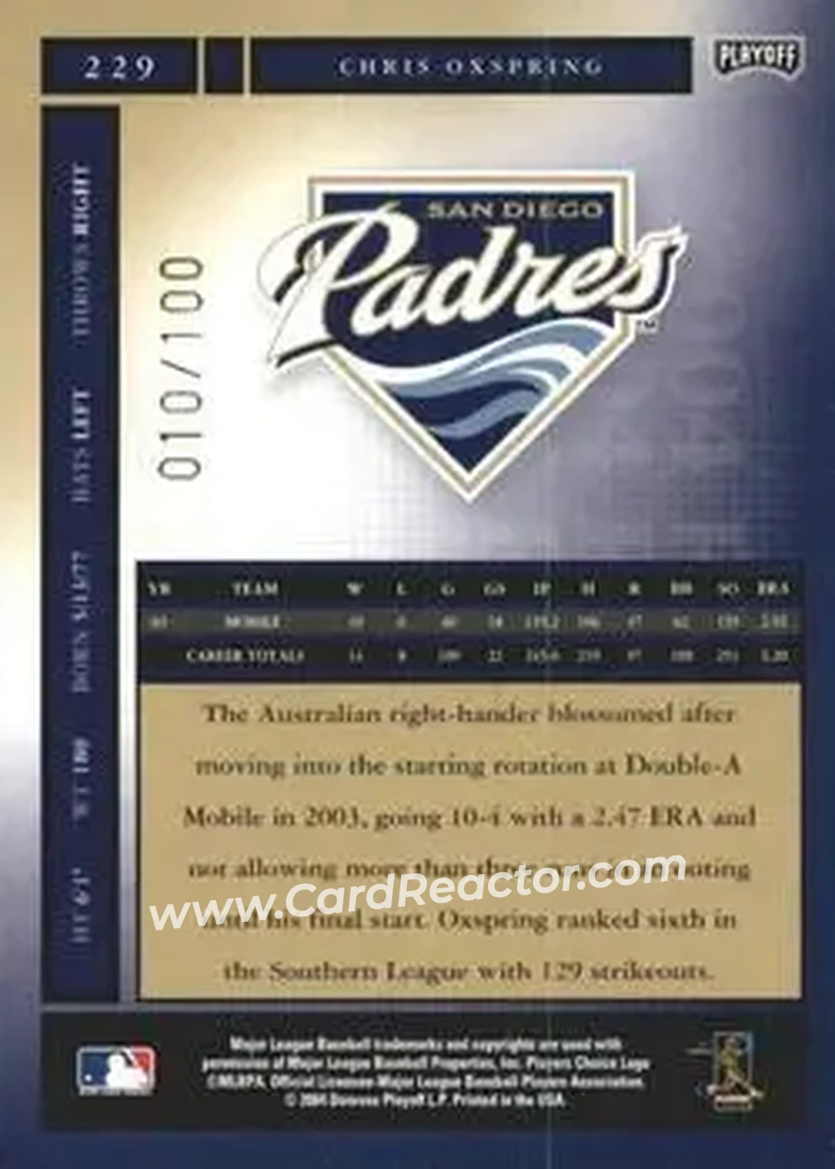 2004 Playoff Honors - Credits Bronze #229 - Chris Oxspring - San Diego Padres - Back