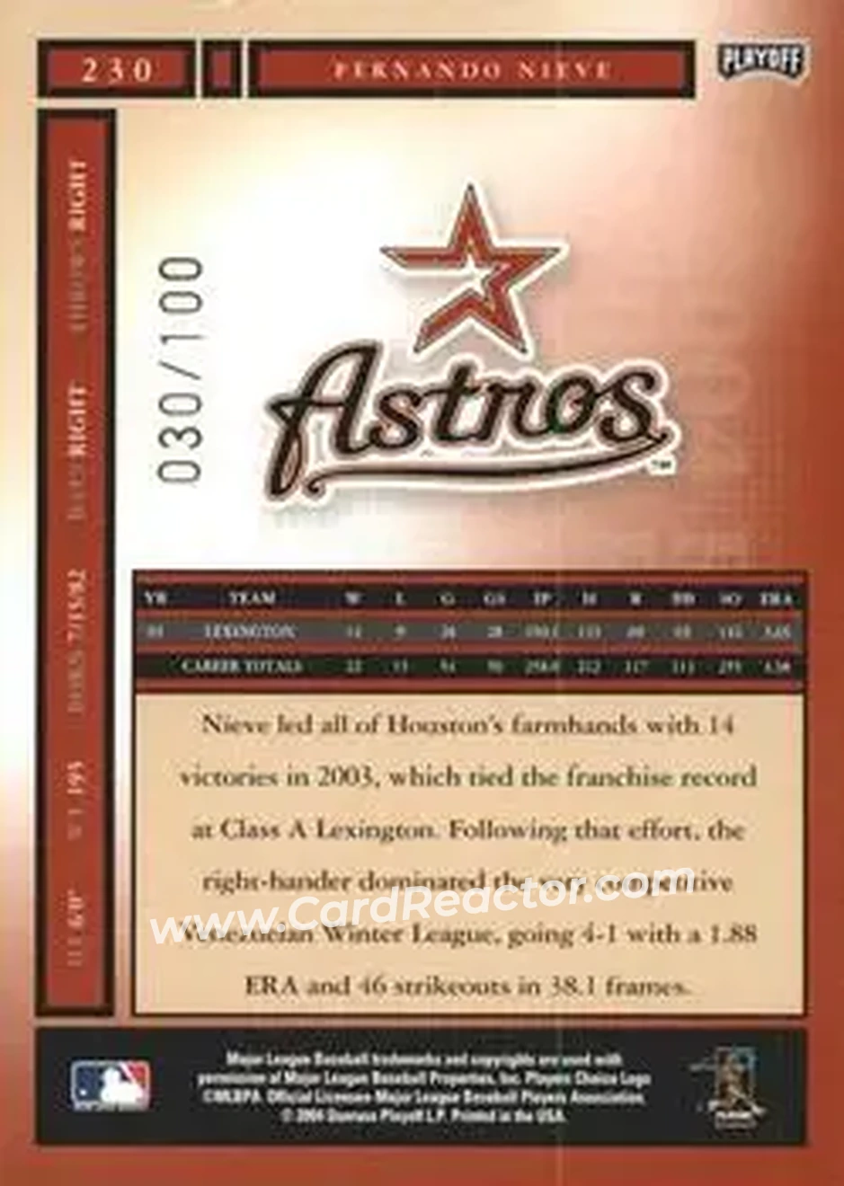 2004 Playoff Honors - Credits Bronze #230 - Fernando Nieve - Houston Astros - Back