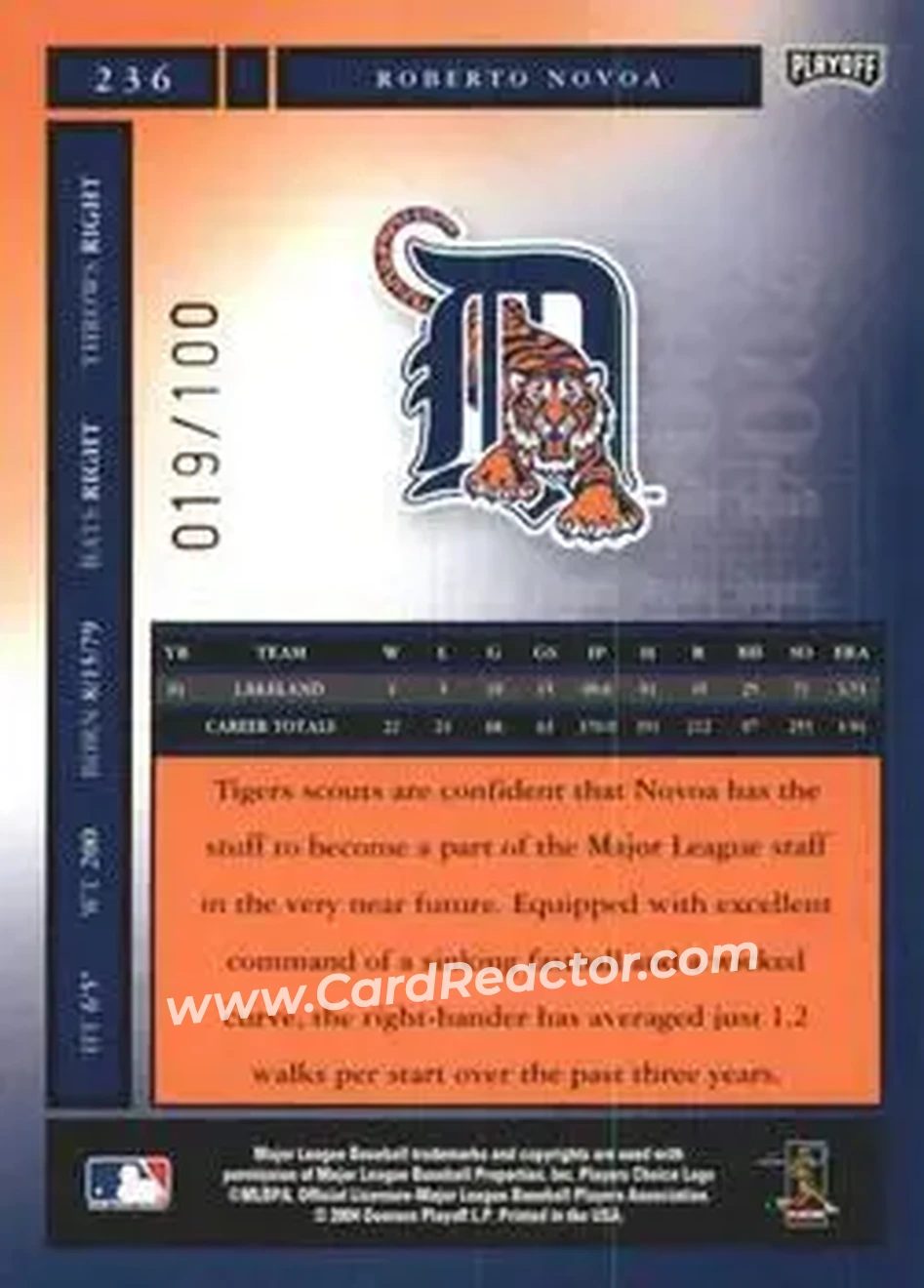 2004 Playoff Honors - Credits Bronze #236 - Roberto Novoa - Detroit Tigers - Back
