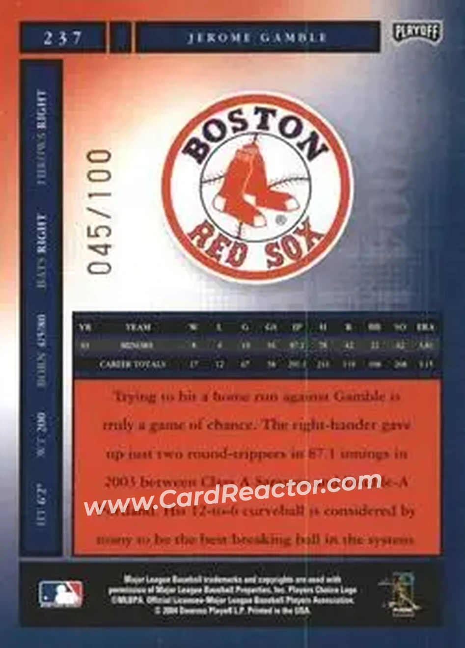 2004 Playoff Honors - Credits Bronze #237 - Jerome Gamble - Boston Red Sox - Back