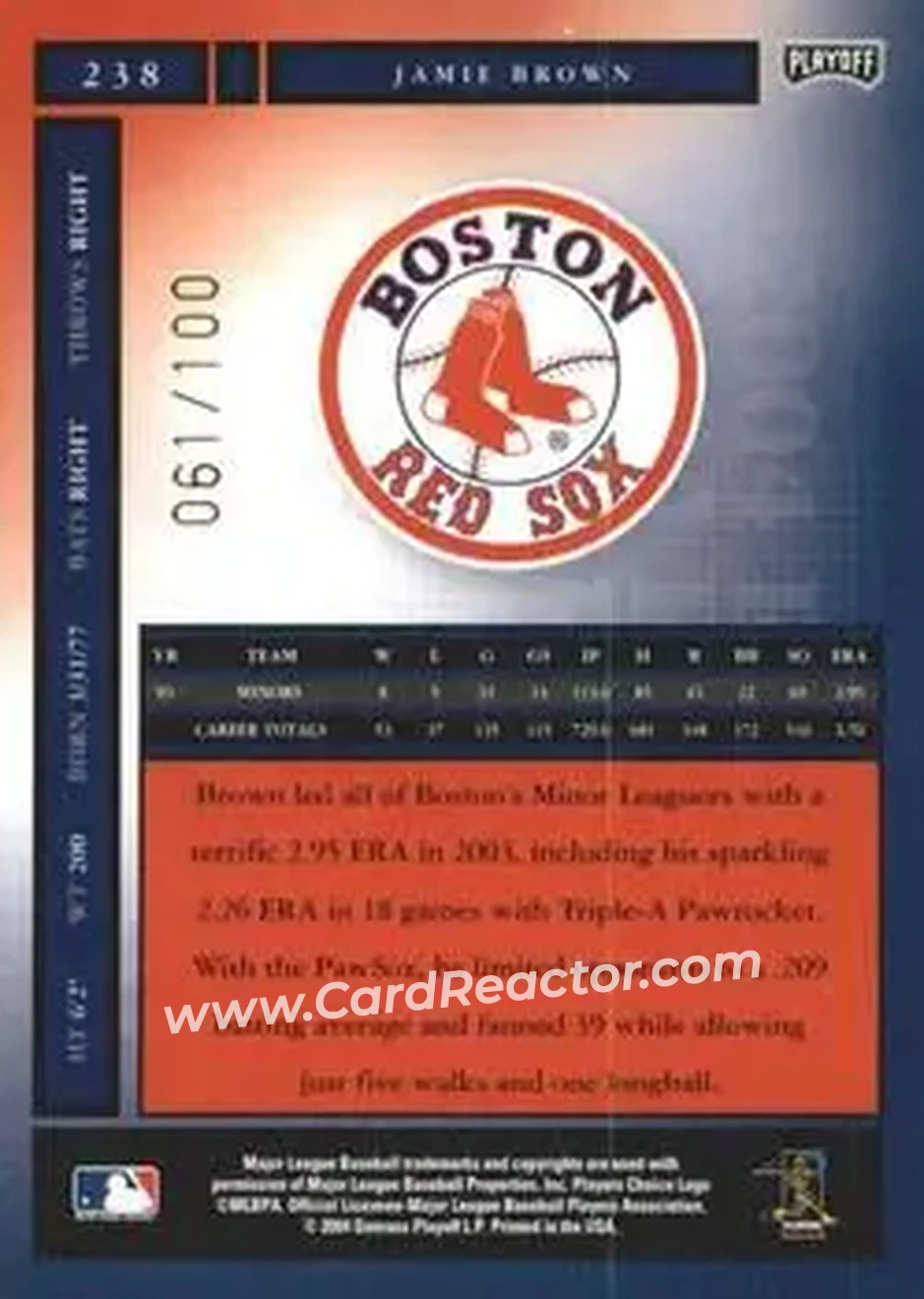 2004 Playoff Honors - Credits Bronze #238 - Jamie Brown - Boston Red Sox - Back 2004 Playoff Honors - Credits Bronze #238 - Jamie Brown - Boston Red Sox - Back