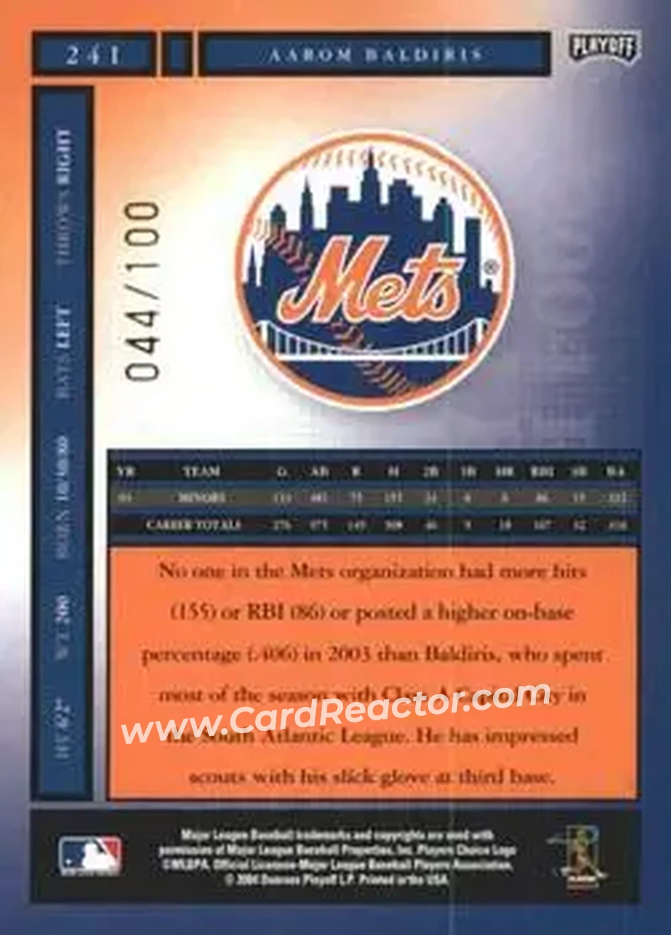 2004 Playoff Honors - Credits Bronze #241 - Aarom Baldiris - New York Mets - Back