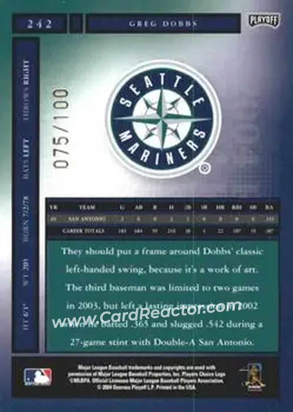2004 Playoff Honors - Credits Bronze #242 - Greg Dobbs - Seattle Mariners - Back
