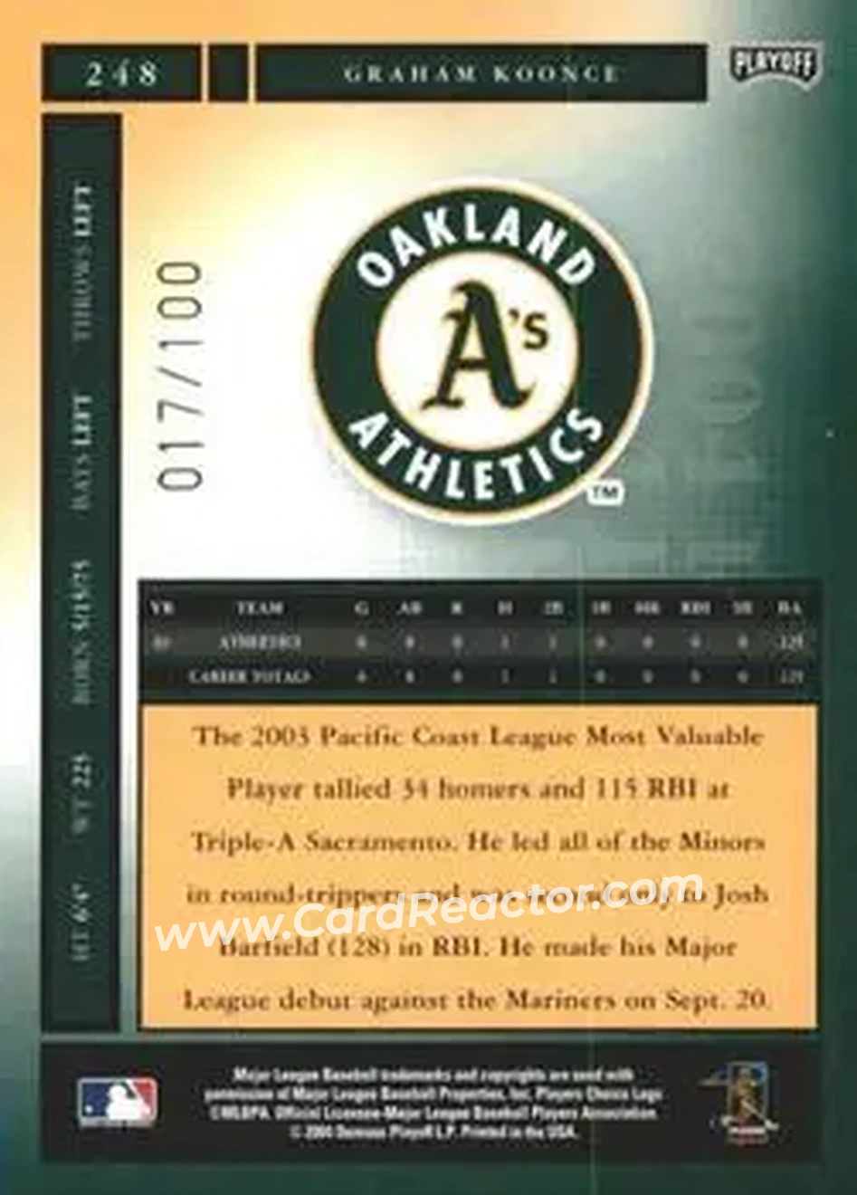 2004 Playoff Honors - Credits Bronze #248 - Graham Koonce - Oakland Athletics - Back 2004 Playoff Honors - Credits Bronze #248 - Graham Koonce - Oakland Athletics - Back