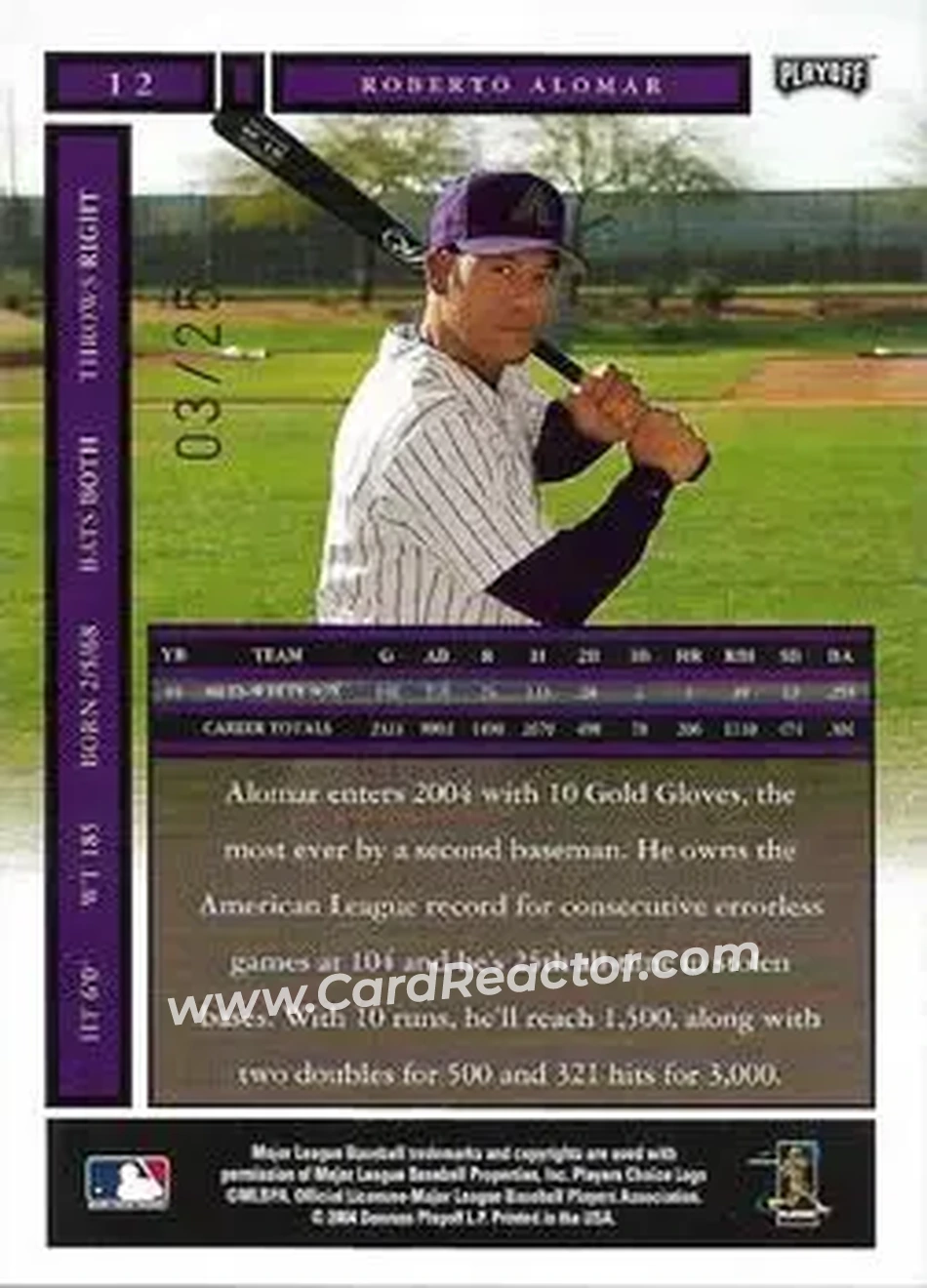 2004 Playoff Honors - Credits Gold #12 - Roberto Alomar - Arizona Diamondbacks - Back 2004 Playoff Honors - Credits Gold #12 - Roberto Alomar - Arizona Diamondbacks - Back