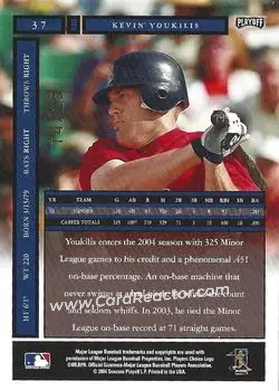 2004 Playoff Honors - Credits Gold #37 - Kevin Youkilis - Boston Red Sox - Back