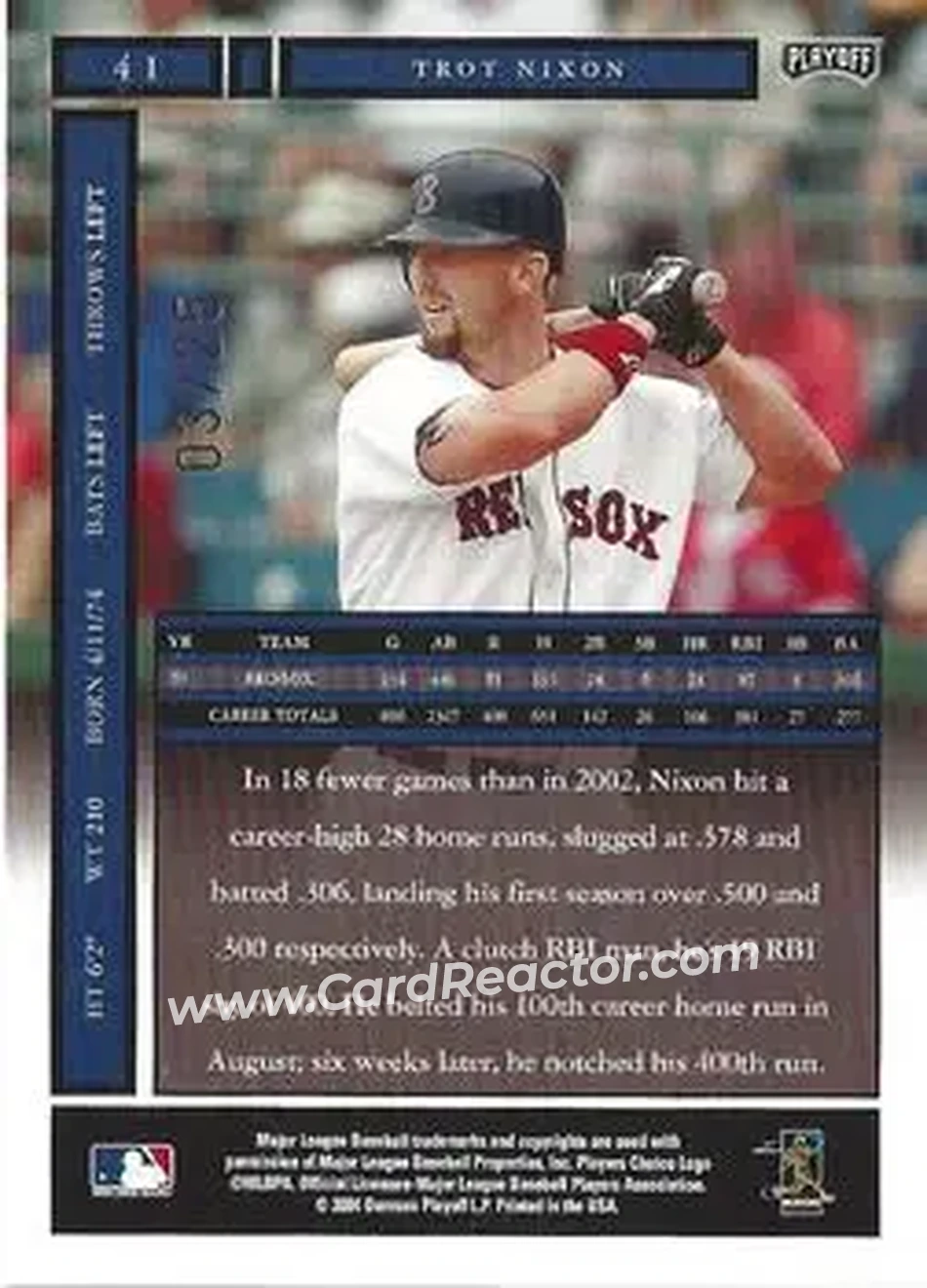 2004 Playoff Honors - Credits Gold #41 - Trot Nixon - Boston Red Sox - Back
