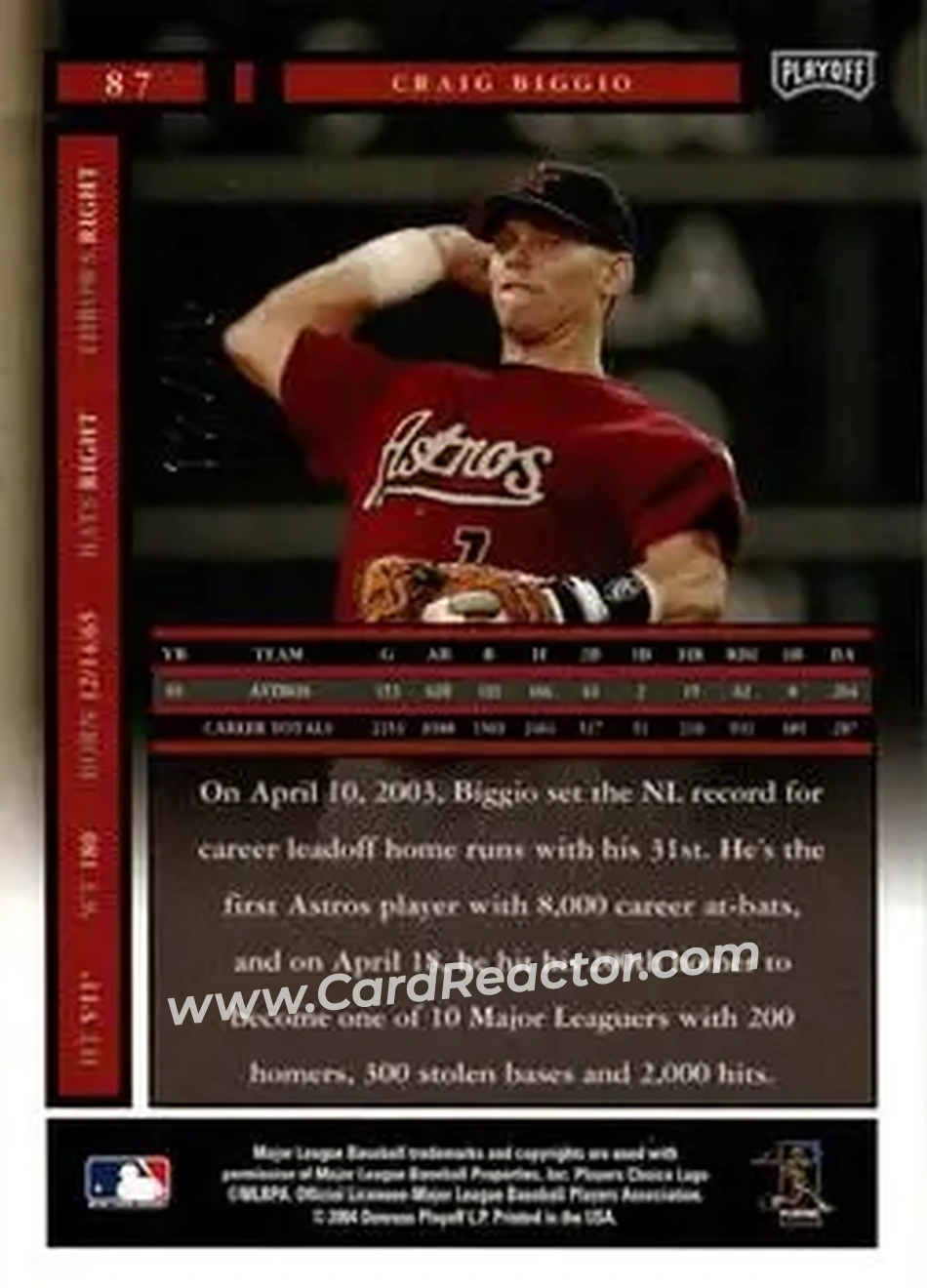 2004 Playoff Honors - Credits Gold #87 - Craig Biggio - Houston Astros - Back 2004 Playoff Honors - Credits Gold #87 - Craig Biggio - Houston Astros - Back