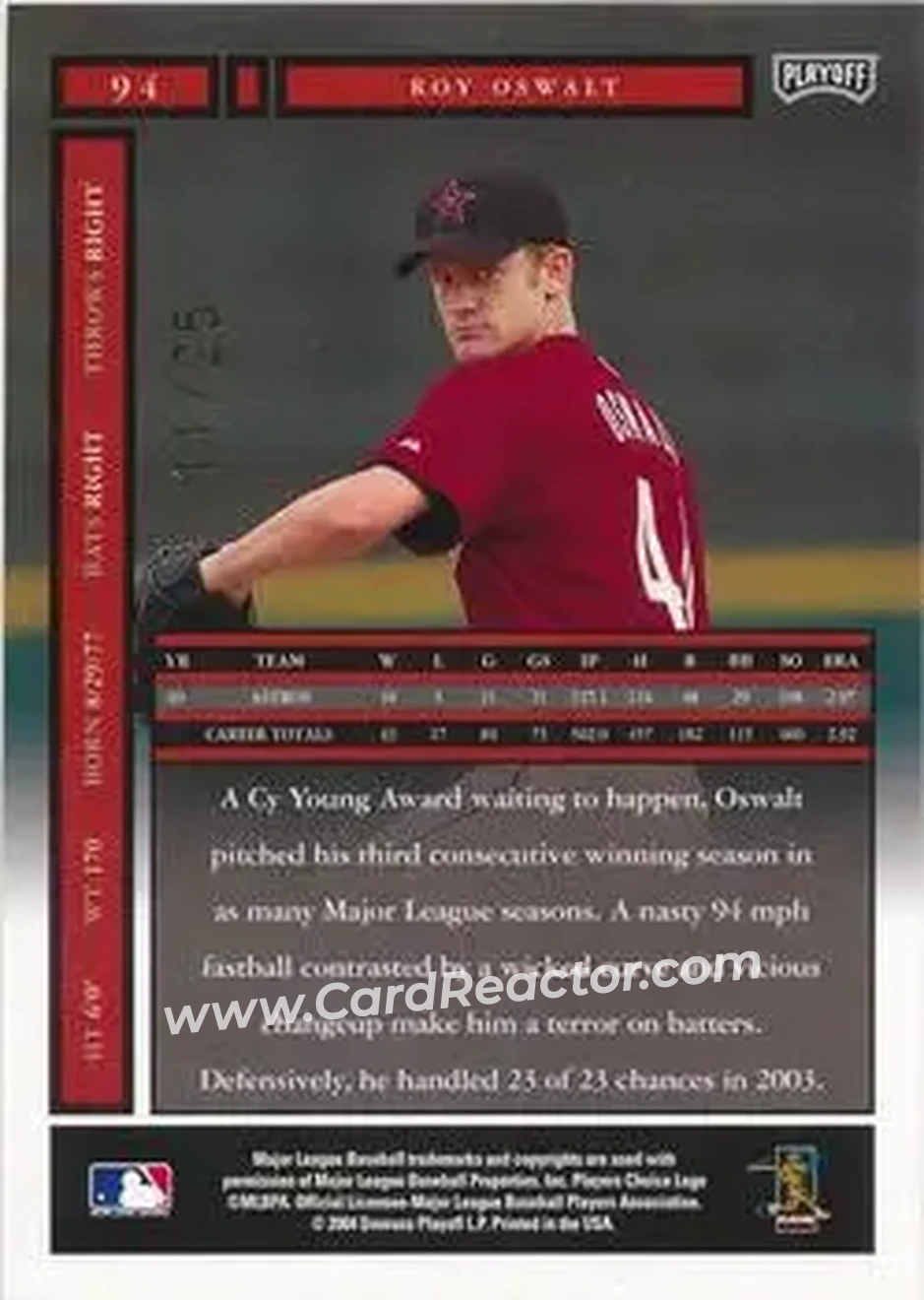 2004 Playoff Honors - Credits Gold #94 - Roy Oswalt - Houston Astros - Back