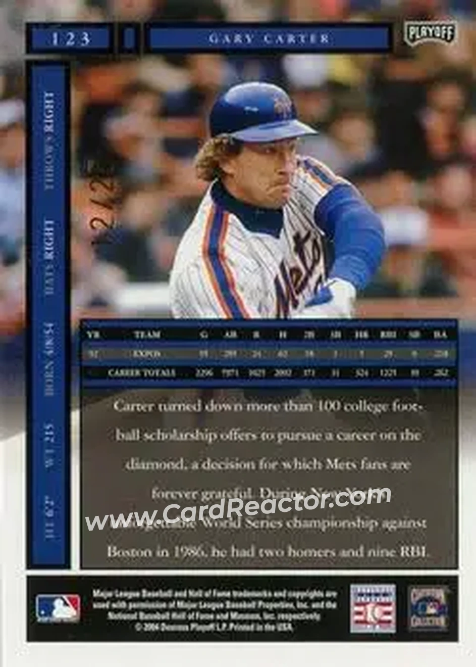 2004 Playoff Honors - Credits Gold #123 - Gary Carter - New York Mets - Back 2004 Playoff Honors - Credits Gold #123 - Gary Carter - New York Mets - Back