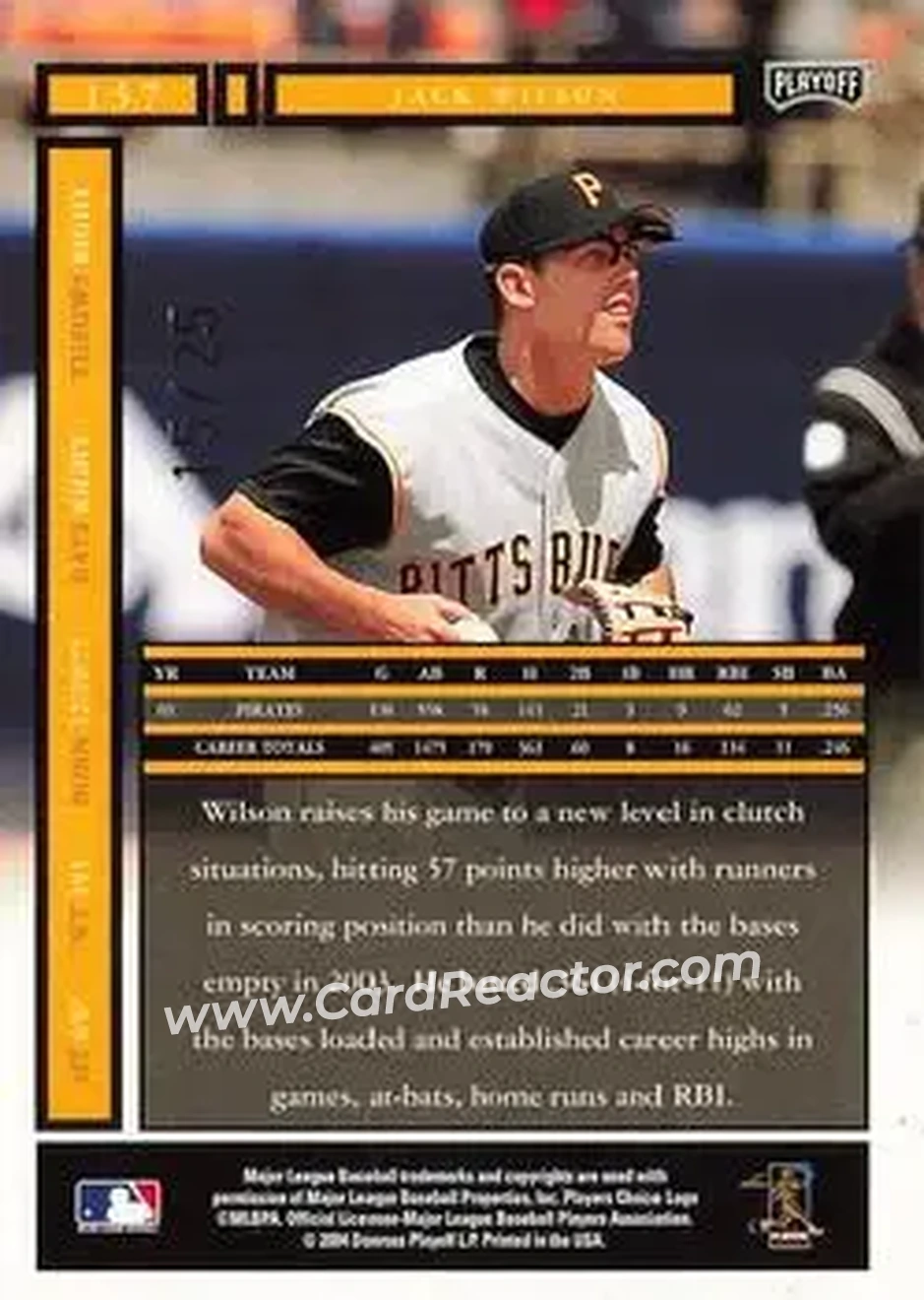 2004 Playoff Honors - Credits Gold #157 - Jack Wilson - Pittsburgh Pirates - Back 2004 Playoff Honors - Credits Gold #157 - Jack Wilson - Pittsburgh Pirates - Back