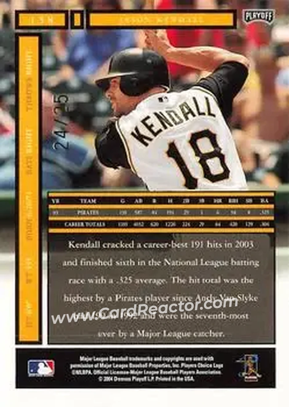 2004 Playoff Honors - Credits Gold #158 - Jason Kendall - Pittsburgh Pirates - Back