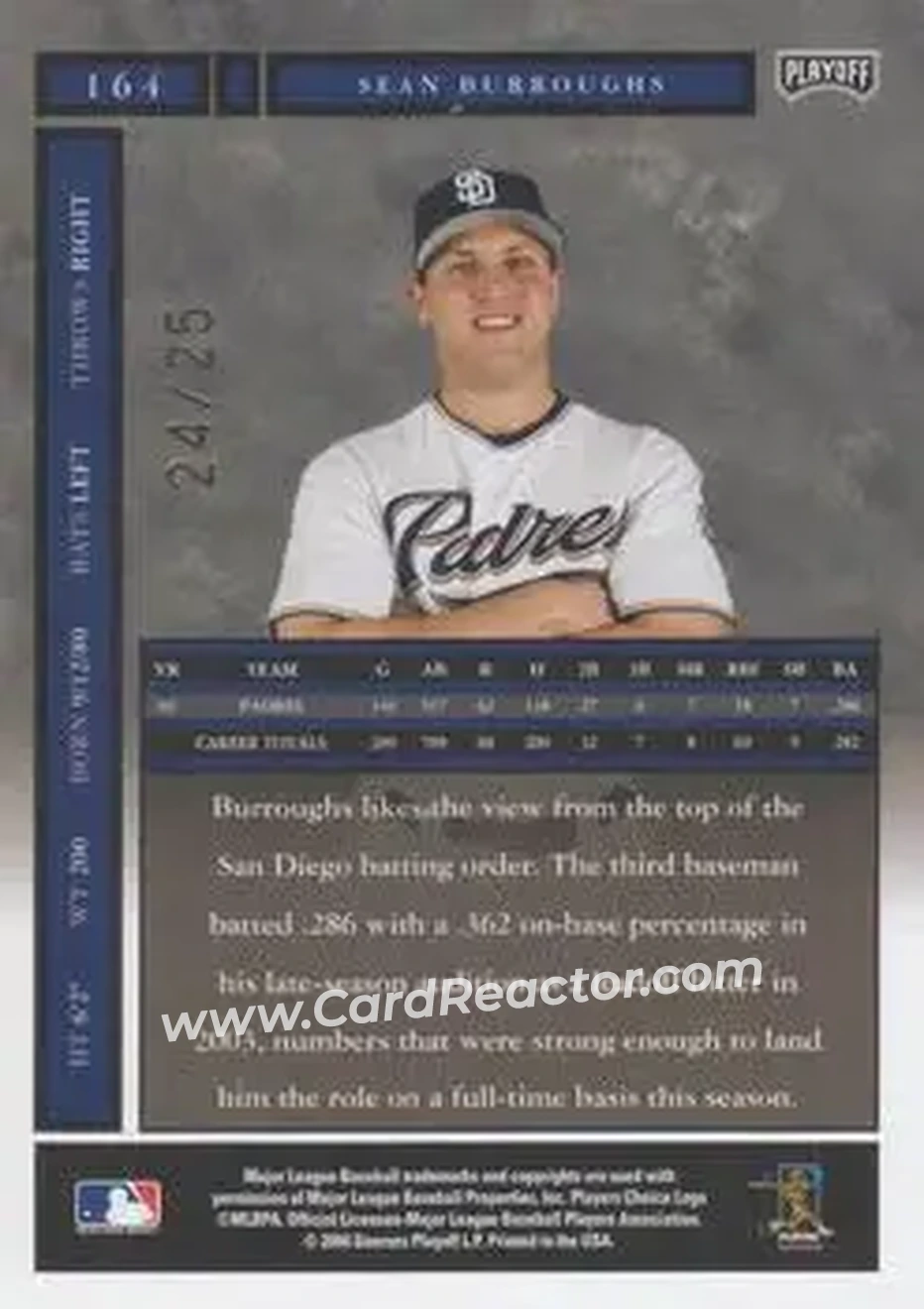 2004 Playoff Honors - Credits Gold #164 - Sean Burroughs - San Diego Padres - Back 2004 Playoff Honors - Credits Gold #164 - Sean Burroughs - San Diego Padres - Back