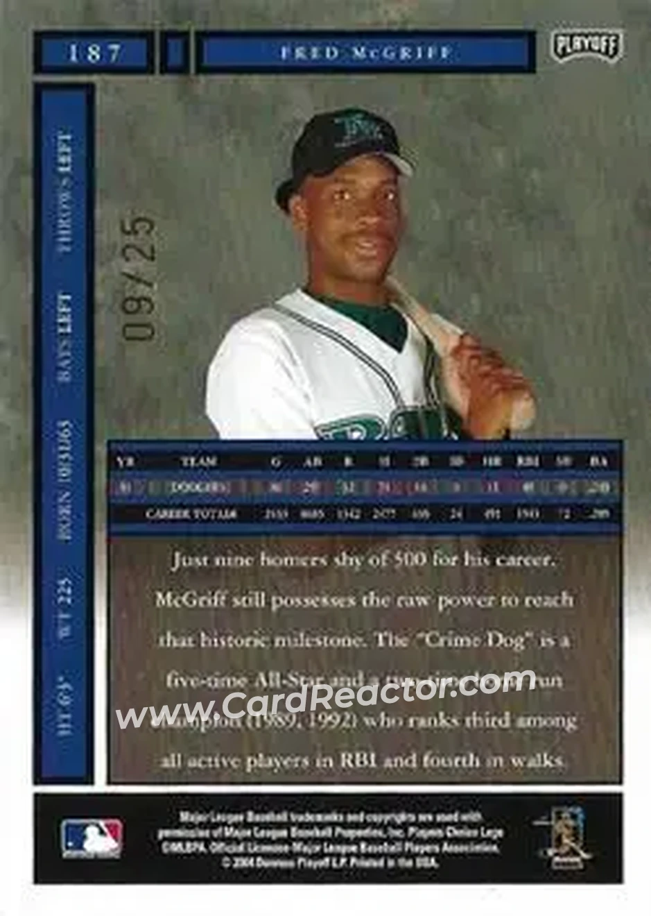 2004 Playoff Honors - Credits Gold #187 - Fred McGriff - Tampa Bay Devil Rays - Back