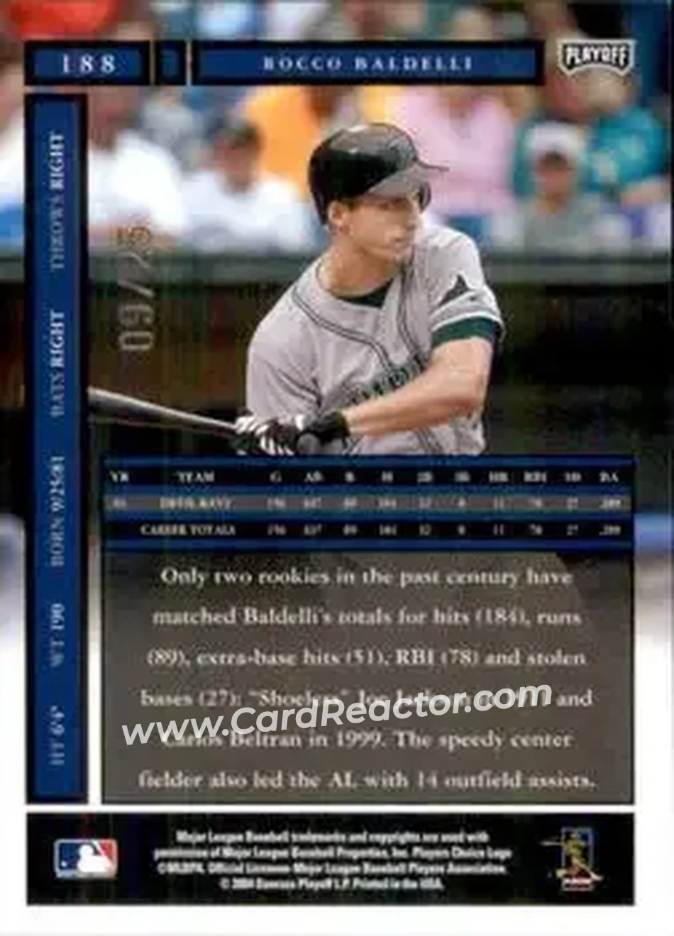 2004 Playoff Honors - Credits Gold #188 - Rocco Baldelli - Tampa Bay Devil Rays - Back 2004 Playoff Honors - Credits Gold #188 - Rocco Baldelli - Tampa Bay Devil Rays - Back