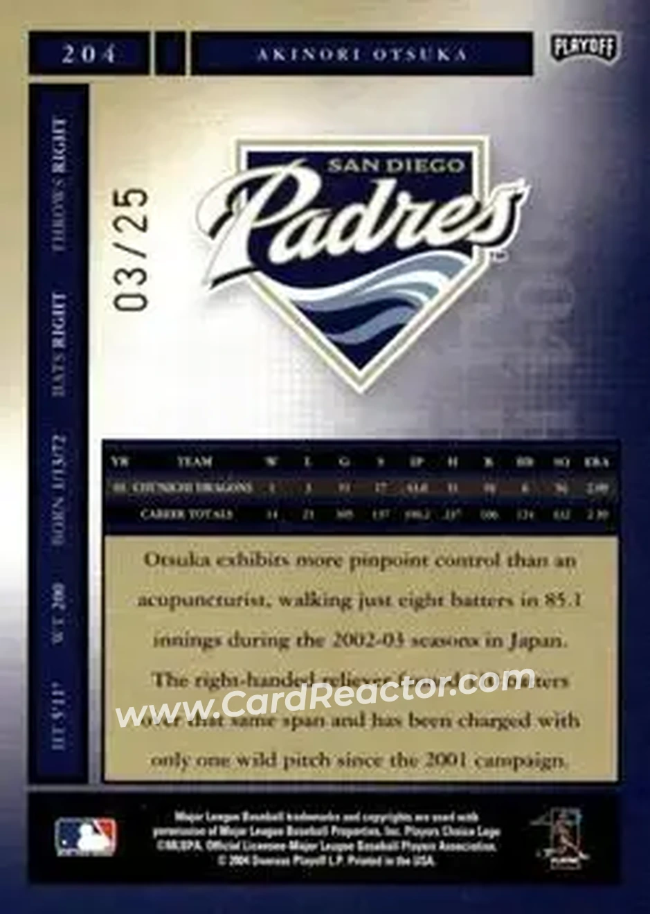2004 Playoff Honors - Credits Gold #204 - Akinori Otsuka - San Diego Padres - Back 2004 Playoff Honors - Credits Gold #204 - Akinori Otsuka - San Diego Padres - Back