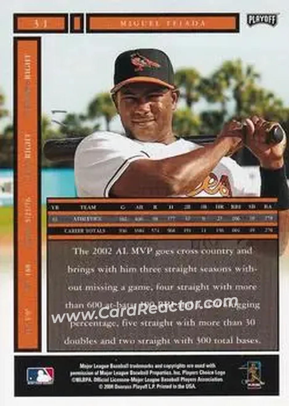 2004 Playoff Honors - Credits Platinum #31 - Miguel Tejada - Baltimore Orioles - Back 2004 Playoff Honors - Credits Platinum #31 - Miguel Tejada - Baltimore Orioles - Back