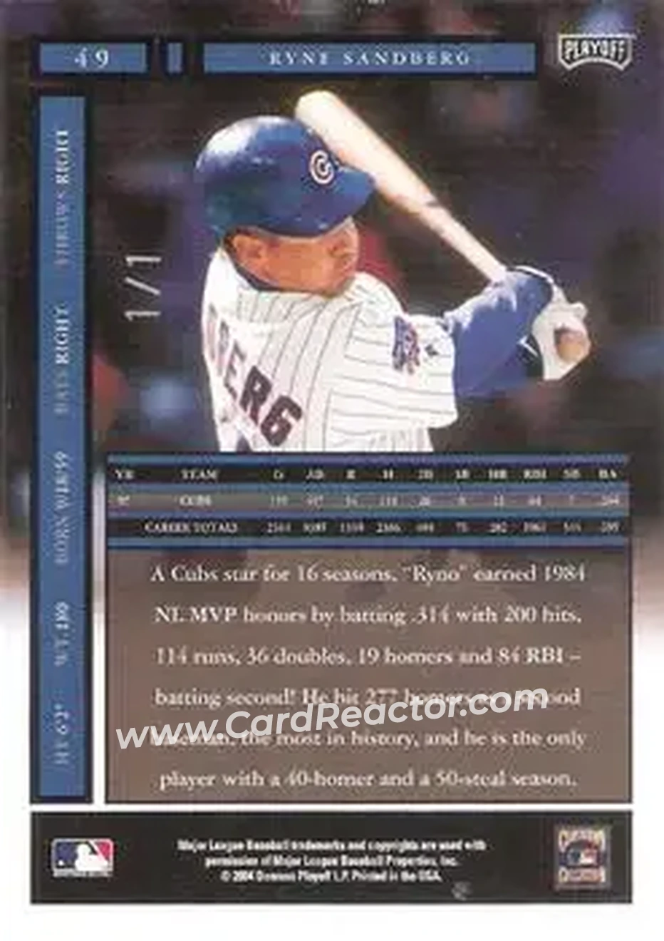 2004 Playoff Honors - Credits Platinum #49 - Ryne Sandberg - Chicago Cubs - Back