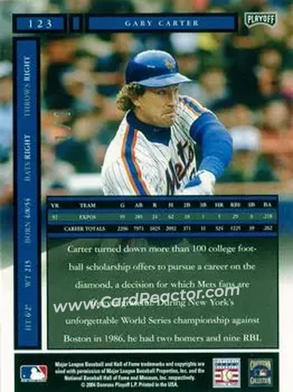 2004 Playoff Honors - Credits Platinum #123 - Gary Carter - New York Mets - Back 2004 Playoff Honors - Credits Platinum #123 - Gary Carter - New York Mets - Back