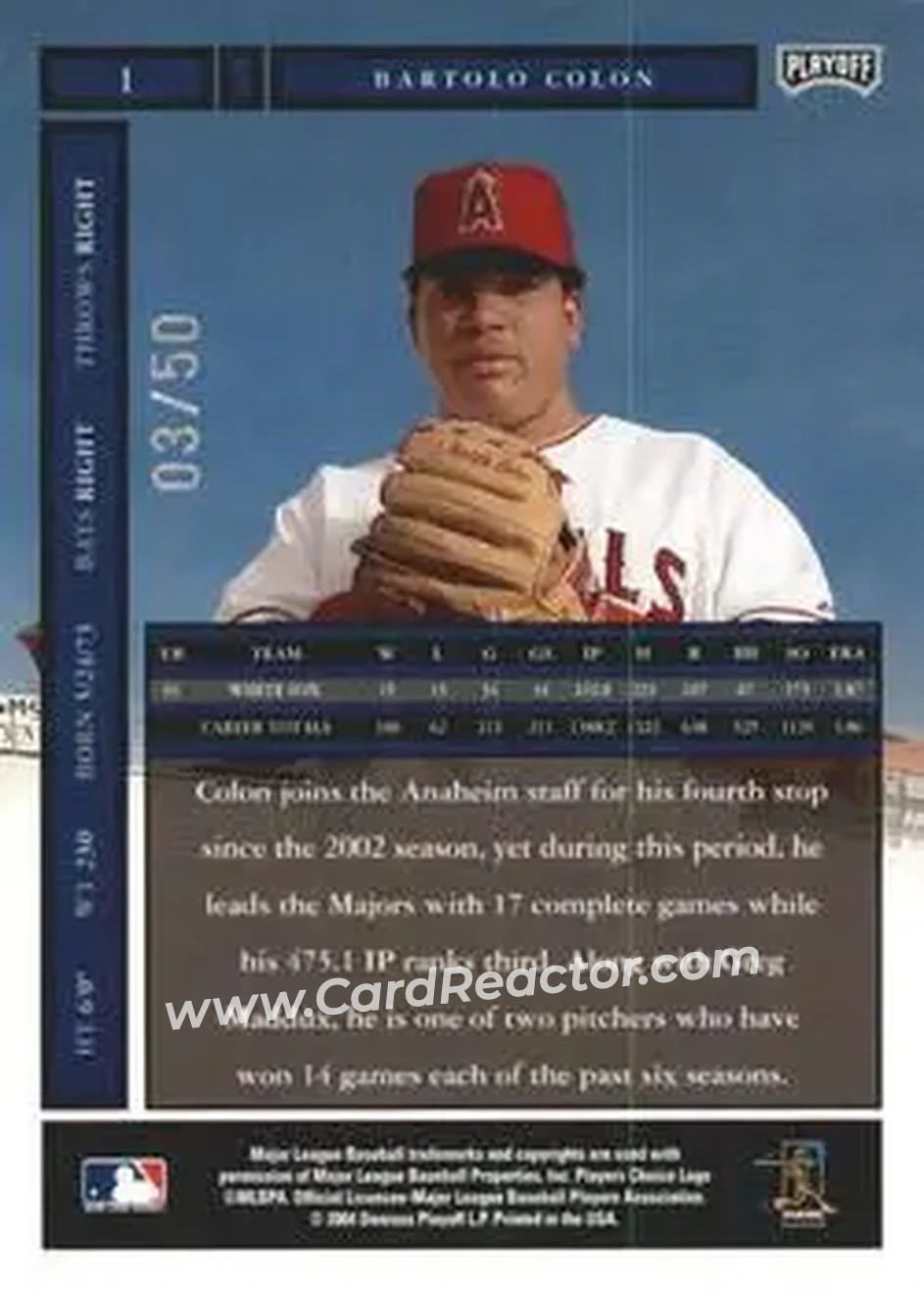 2004 Playoff Honors - Credits Silver #1 - Bartolo Colon - Anaheim Angels - Back