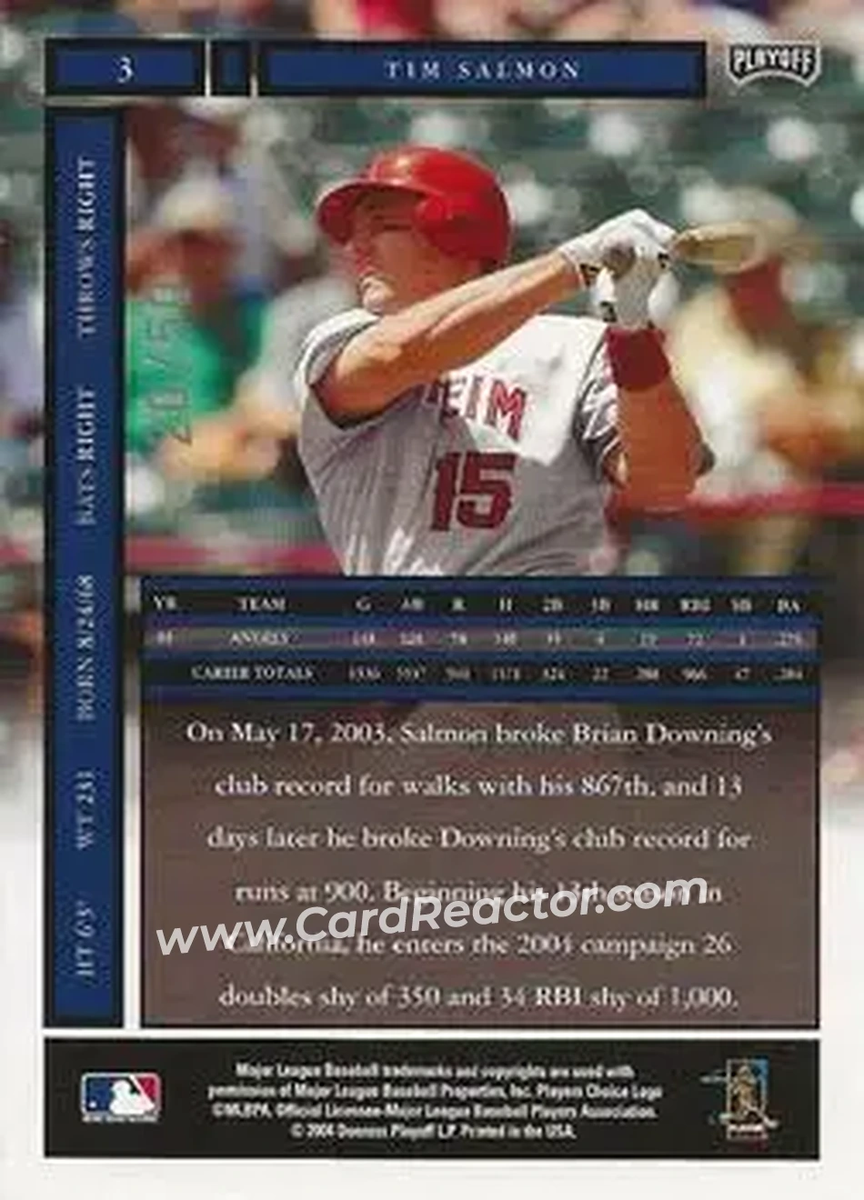 2004 Playoff Honors - Credits Silver #3 - Tim Salmon - Anaheim Angels - Back 2004 Playoff Honors - Credits Silver #3 - Tim Salmon - Anaheim Angels - Back