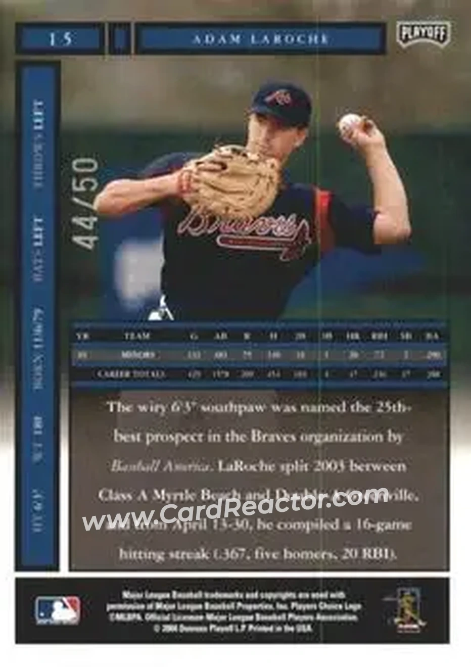 2004 Playoff Honors - Credits Silver #15 - Adam LaRoche - Atlanta Braves - Back 2004 Playoff Honors - Credits Silver #15 - Adam LaRoche - Atlanta Braves - Back