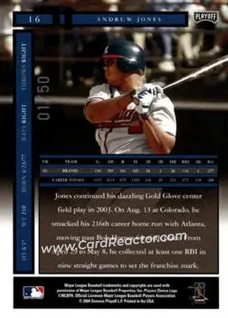 2004 Playoff Honors - Credits Silver #16 - Andruw Jones - Atlanta Braves - Back