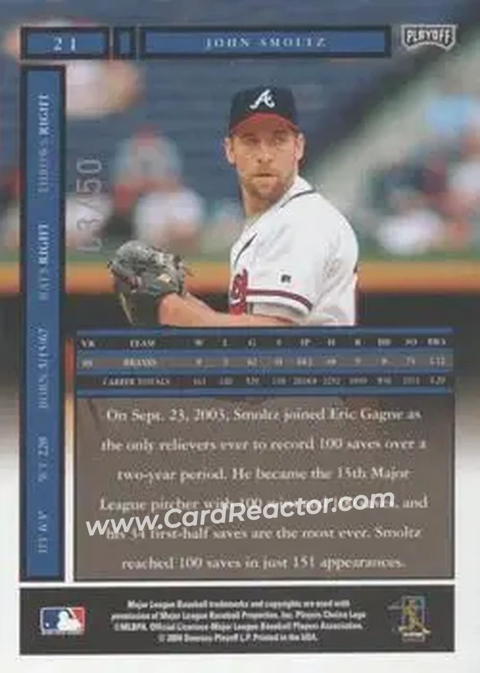 2004 Playoff Honors - Credits Silver #21 - John Smoltz - Atlanta Braves - Back