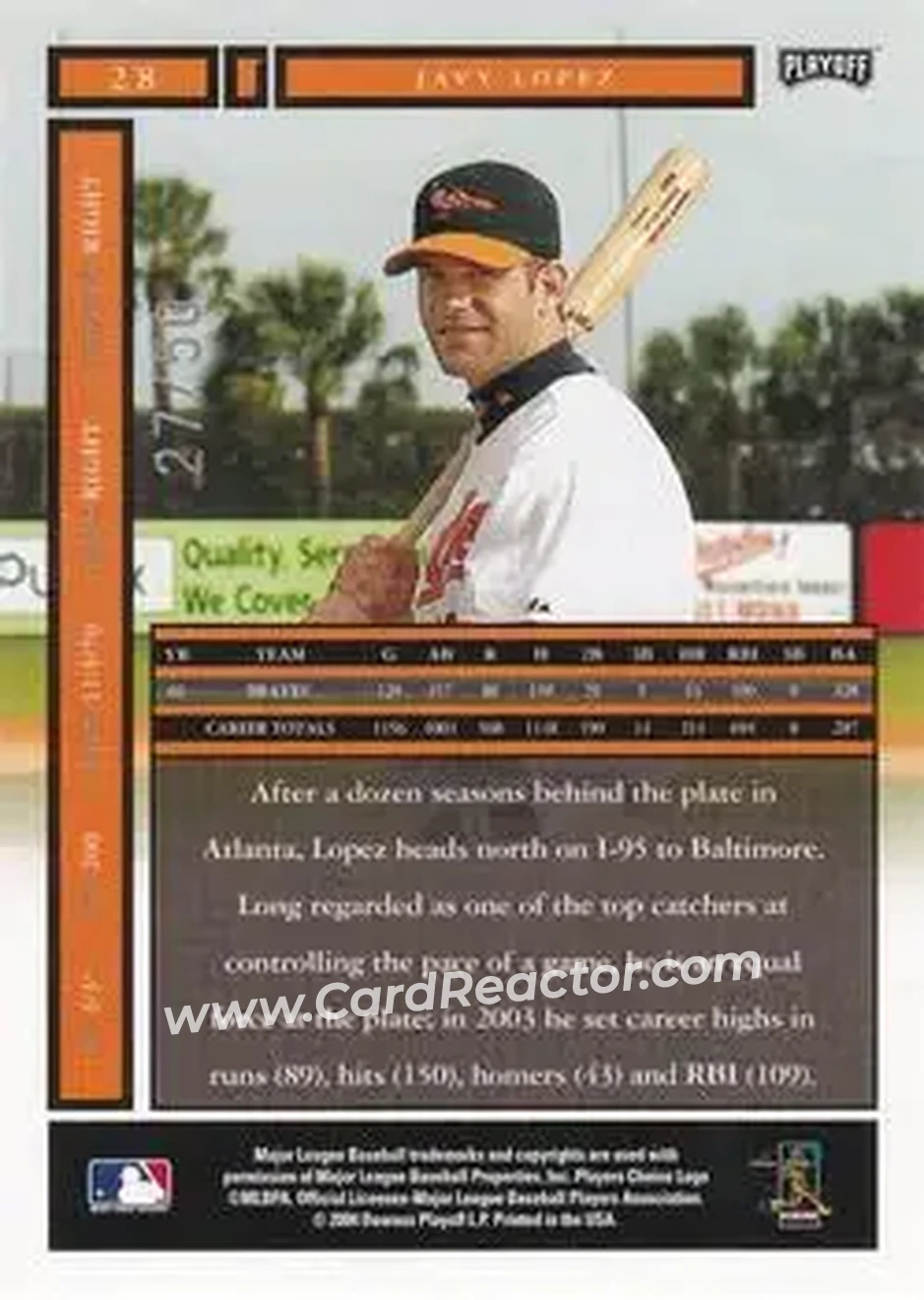 2004 Playoff Honors - Credits Silver #28 - Javier Lopez - Baltimore Orioles - Back