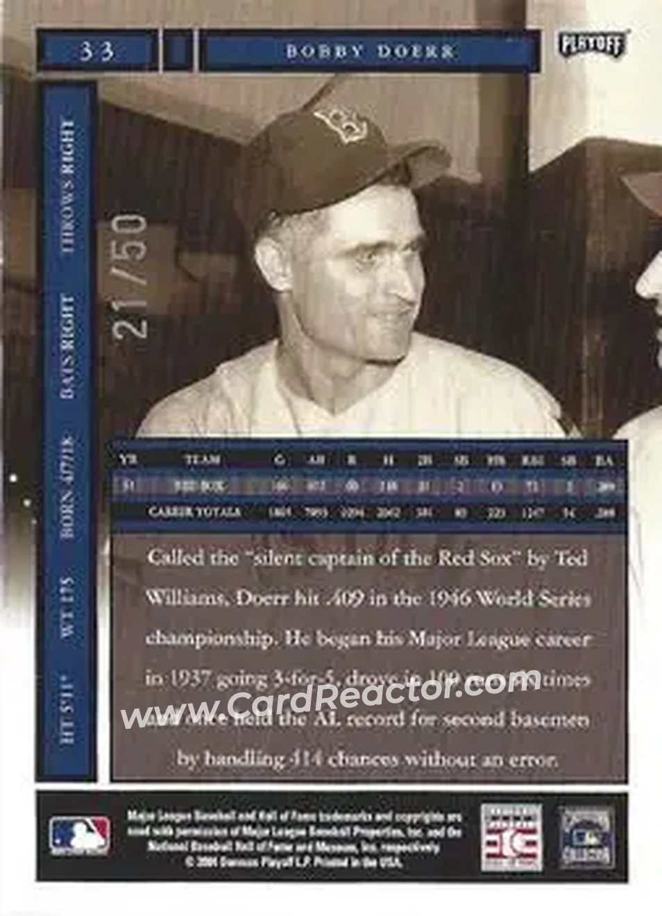 2004 Playoff Honors - Credits Silver #33 - Bobby Doerr - Boston Red Sox - Back