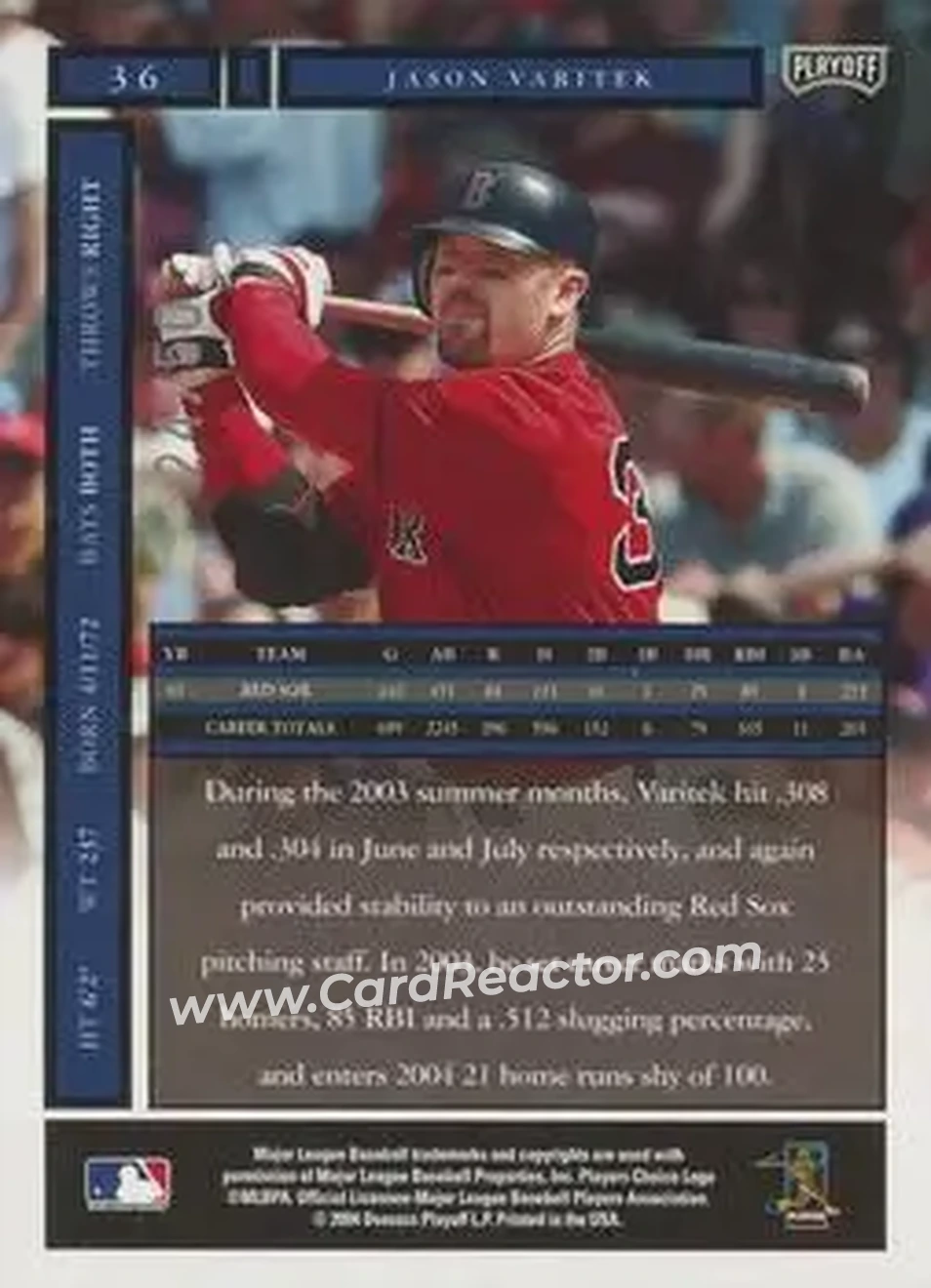 2004 Playoff Honors - Credits Silver #36 - Jason Varitek - Boston Red Sox - Back 2004 Playoff Honors - Credits Silver #36 - Jason Varitek - Boston Red Sox - Back